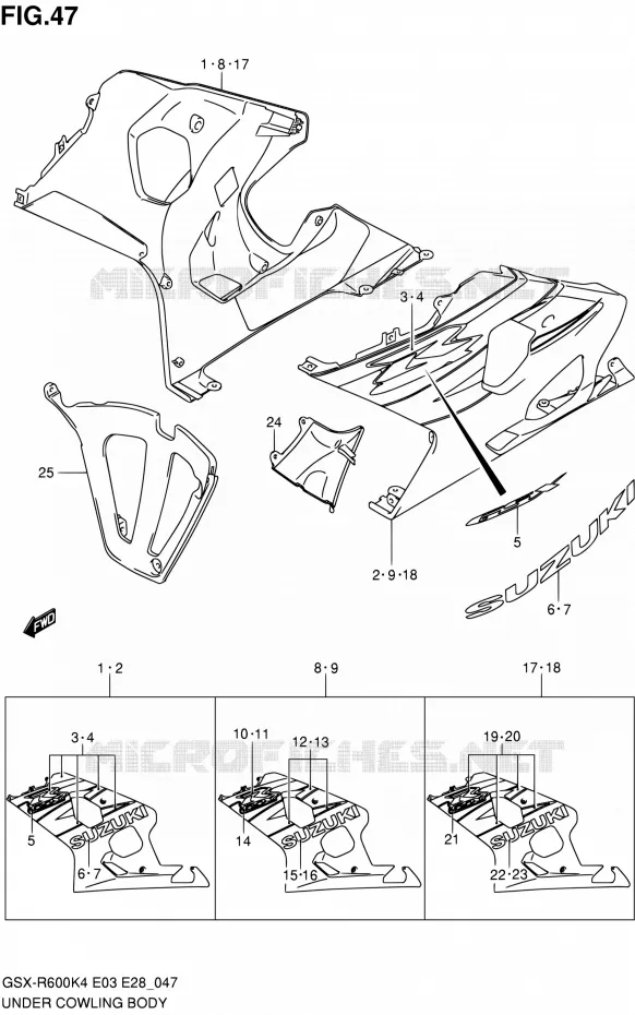 CARENAGES INFERIEUR (FLANCS) (MODELE K4) Suzuki MOTO 600 GSX-R 2004  GSX-R600 K5/GSX-R600X K5 (E03,E28,E33)