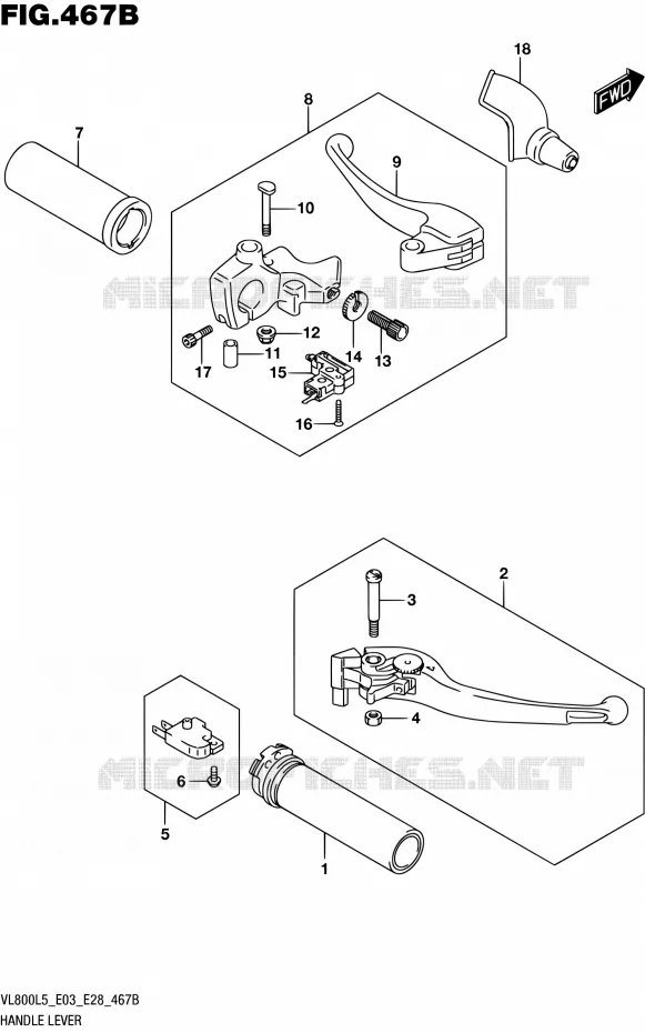 ENSEMBLE LEVIERS - POIGNEES (VL800L5 E33) Suzuki MOTO 800 BOULEVARD 2015  VL800 L5/VL800T L5