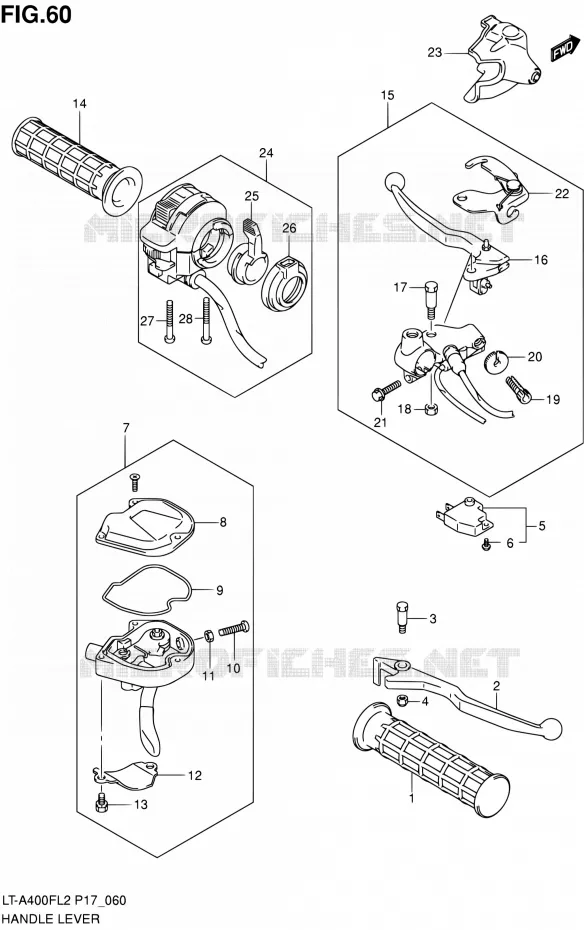 ENSEMBLE LEVIERS - POIGNEES Suzuki QUAD 400 KINGQUAD 2012  LT-A400F L2/LT-A400FZ L2 (P17,P24)