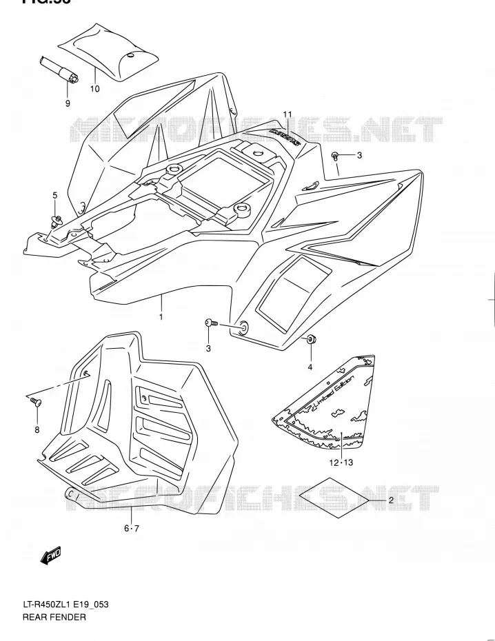 GARDE BOUE ARRIERE (LT-R450L1 E19) Suzuki QUAD 450 QUADRACER 2011  LT-R450 L1/LT-R450Z L1 (E19)