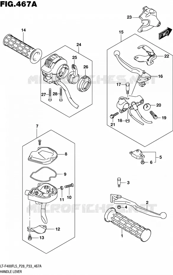 ENSEMBLE LEVIERS - POIGNEES Suzuki QUAD 400 KINGQUAD 2015  LT-F400F L5/LT-F400FZ L5 (P03,P28,P33)
