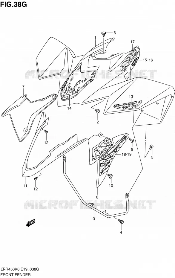 GARDE BOUE AVANT (LT-R450ZL0) Suzuki QUAD 450 QUADRACER 2010  LT-R450 L0/LT-R450Z L0 (E19)