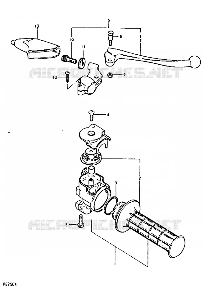 ENSEMBLE LEVIER - POIGNEE DROITE (PE250T) Suzuki MOTO 250 PE 1980  PE250T(T/X)