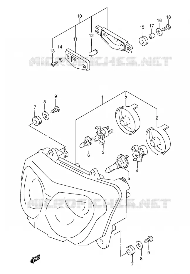 PHARE (MODEL W/X/Y/K1/K2 E4,E17,E18,E22,E25,E34) Suzuki MOTO 600 GSX-F 2001  GSX600FK1(E2)