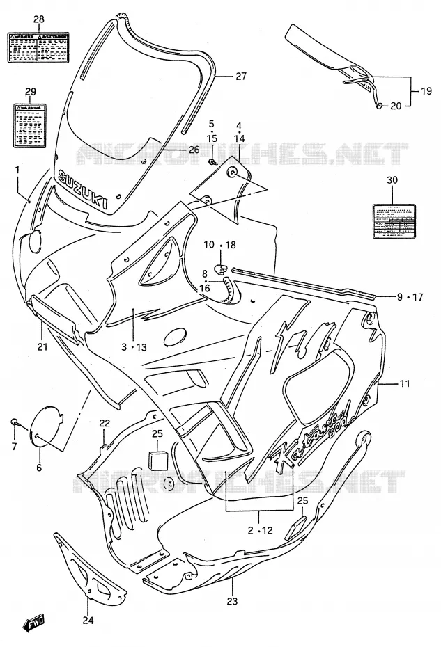 CARENAGES - ETIQUETTES (MODELE N) Suzuki MOTO 600 GSX-F 1991  GSX600FM(E28)