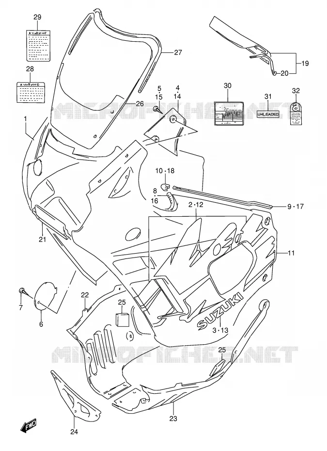 CARENAGES - ETIQUETTES (MODELE P) Suzuki MOTO 600 GSX-F 1992  GSX600FUN(E2)