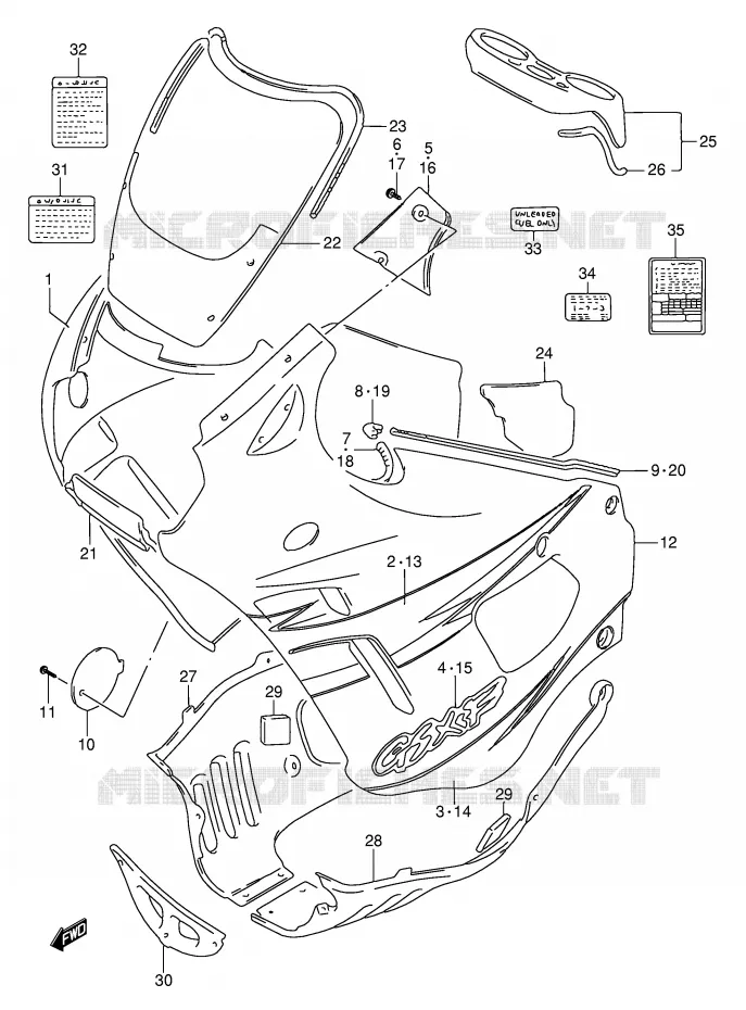 CARENAGES - ETIQUETTES (MODELE T) Suzuki MOTO 750 GSX-F 1993  GSX750FP(E2)