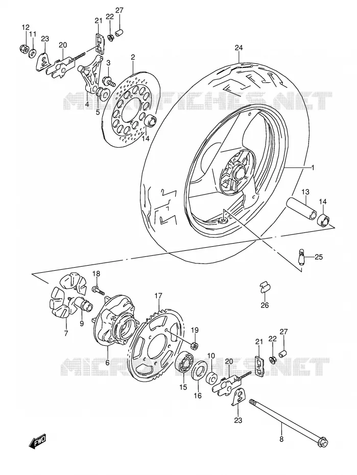ROUE ARRIERE (MODELE K/L/M/N/P/R/S/T) Suzuki MOTO 600 GSX-F 1989  GSX600FUK(E2)