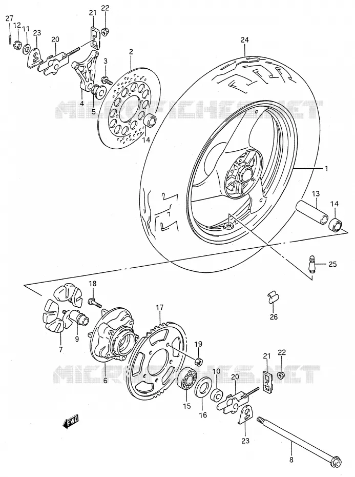 ROUE ARRIERE (MODELE K/L/M/N/P/R/S/T) Suzuki MOTO 600 GSX-F 1990  GSX600FUL(E28)