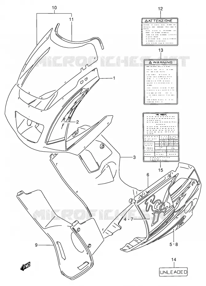 CARENAGES - ETIQUETTES (MODELE P 1LE) Suzuki MOTO 125 RG 1993  RG125FUP(E18)