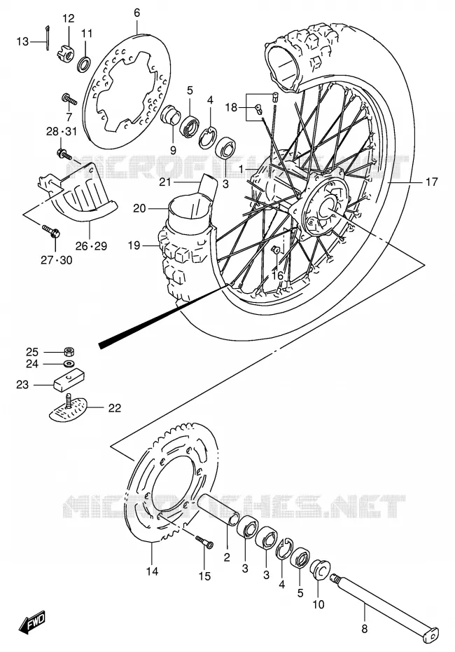 ROUE ARRIERE (MODELE T/V/W/X) Suzuki MOTO 125 RM 1996  RM125T(E2)