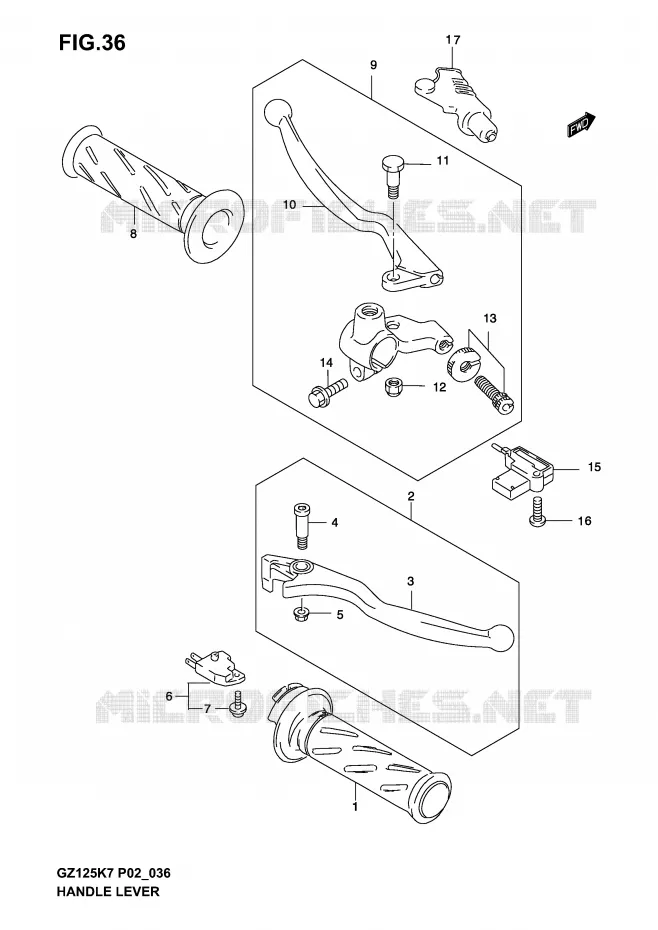 ENSEMBLE LEVIERS - POIGNEES Suzuki MOTO 125 MARAUDER 2004  GZ125K4(P02,P19)