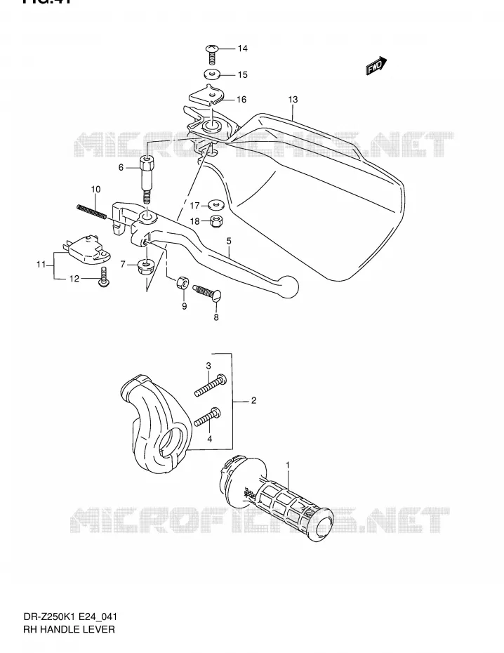 ENSEMBLE LEVIER - POIGNEE DROITE Suzuki MOTO 250 DR-Z 2001  DR-Z250K1(E24)