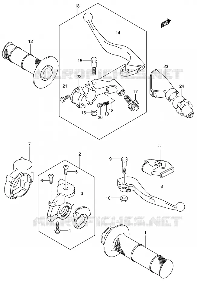 ENSEMBLE LEVIERS - POIGNEES (MODELE K4/K5/K6) Suzuki MOTO 250 RM 2003  RM250K3(E3/E28)