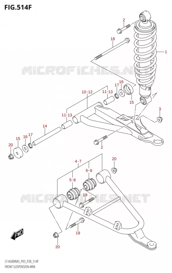 TRIANGLES ET AMORTISSEUR AVANT (LT-A500XP:M3:P33) Suzuki QUAD 500 KINGQUAD 2023  LT-A500X M3 (P03,P28,P33)