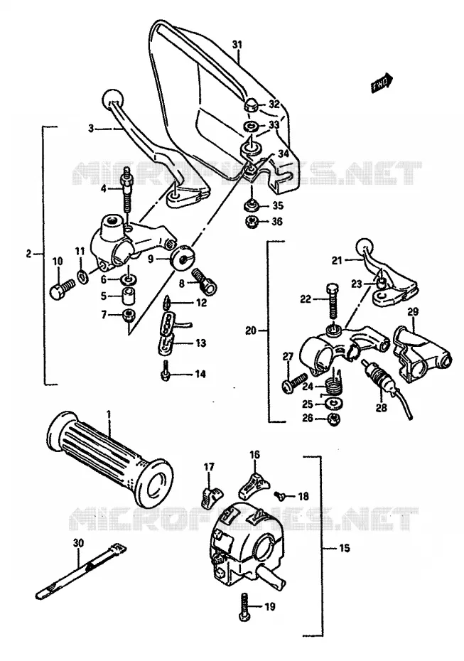 ENSEMBLE POIGNEE GAUCHE (MODELE J) Suzuki MOTO 750 DR 1988  DR750SJ(J/K)