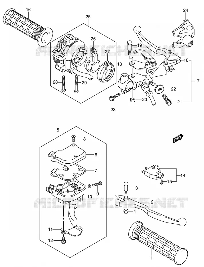 ENSEMBLE LEVIERS - POIGNEES (MODELE K4) Suzuki QUAD 250 OZARK 2005  LT-F250K5(E17)