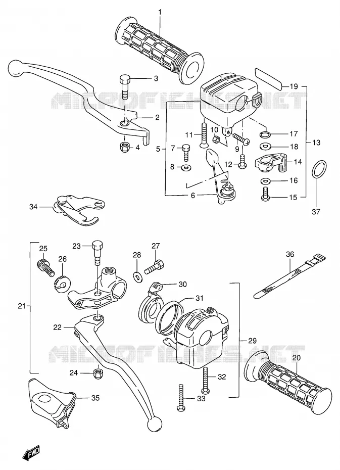 ENSEMBLE LEVIERS - POIGNEES (MODELE  X/Y/K1) Suzuki QUAD 250 OZARK 2000  LT-F250FY(E24)