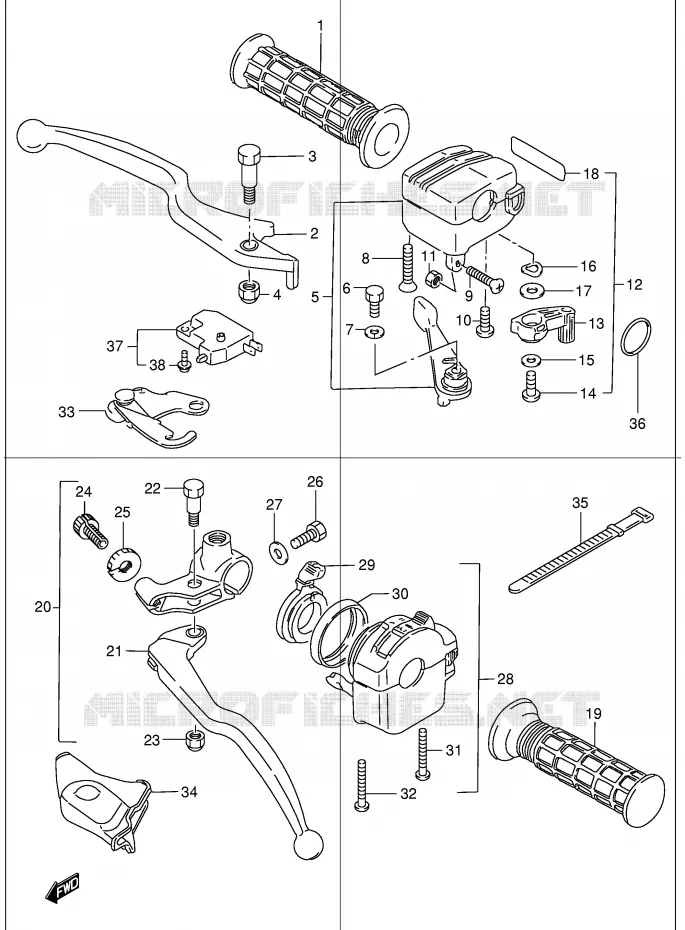 ENSEMBLE LEVIERS - POIGNEES (MODELE X/Y/K1) Suzuki QUAD 300 KINGQUAD 2002  LT-F300FK2(E24)