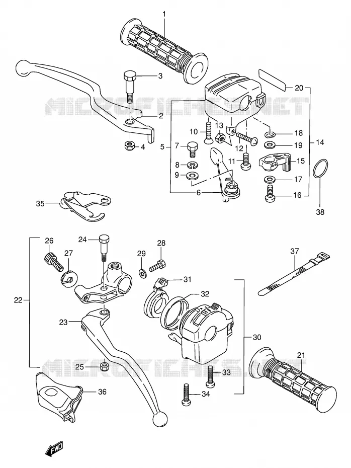 ENSEMBLE LEVIERS - POIGNEES Suzuki QUAD 250 KINGQUAD 1998  LT-F4WDW(E17)