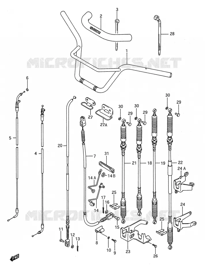 GUIDON - CABLES (MODELE K/L/M/N/P/R/S) Suzuki QUAD 250 KINGQUAD 1990  LT-F4WDL(E28)