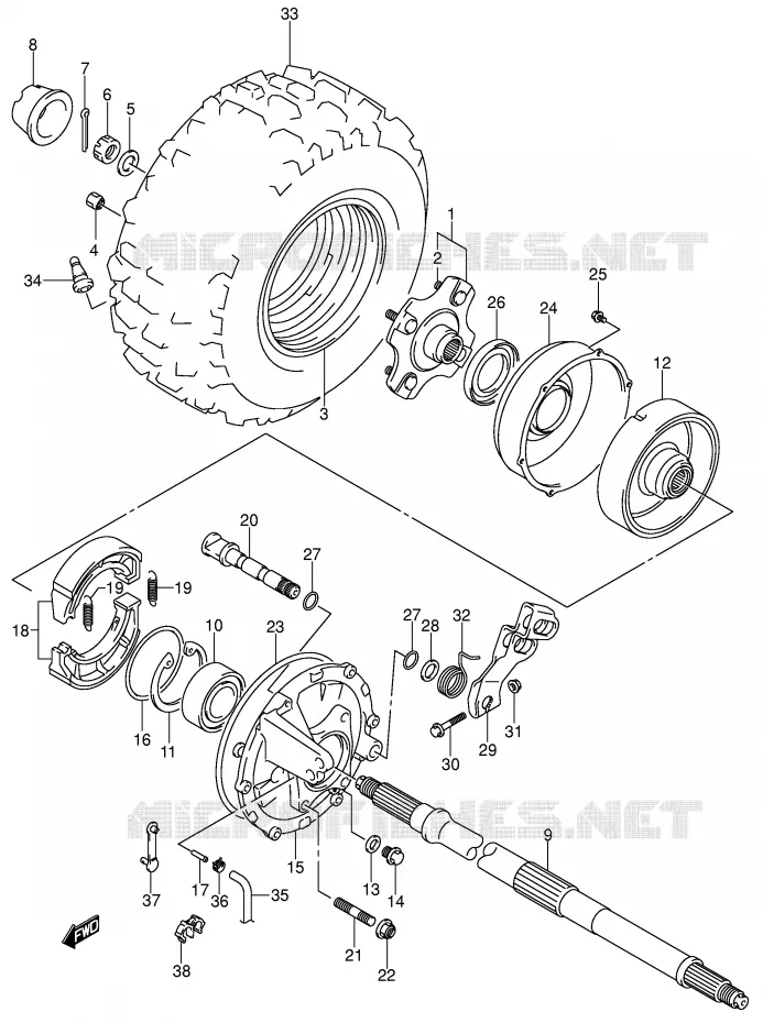 ROUE ARRIERE DROITE (MODELE K2/K3) Suzuki QUAD 250 OZARK 2004  LT-F250K4(E3/E28)