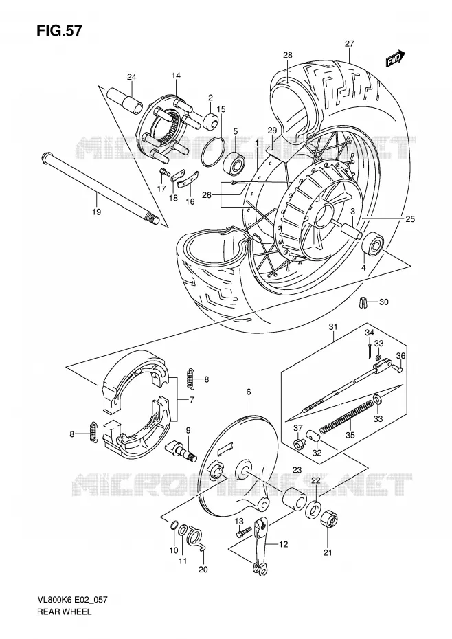 ROUE ARRIERE (VL800K6/UK6/K7/UEK7/K8/UEK8/K9/UEK9/L0/UEL0) Suzuki MOTO 800 VOLUSIA 2008  VL800CUEK8(E2)