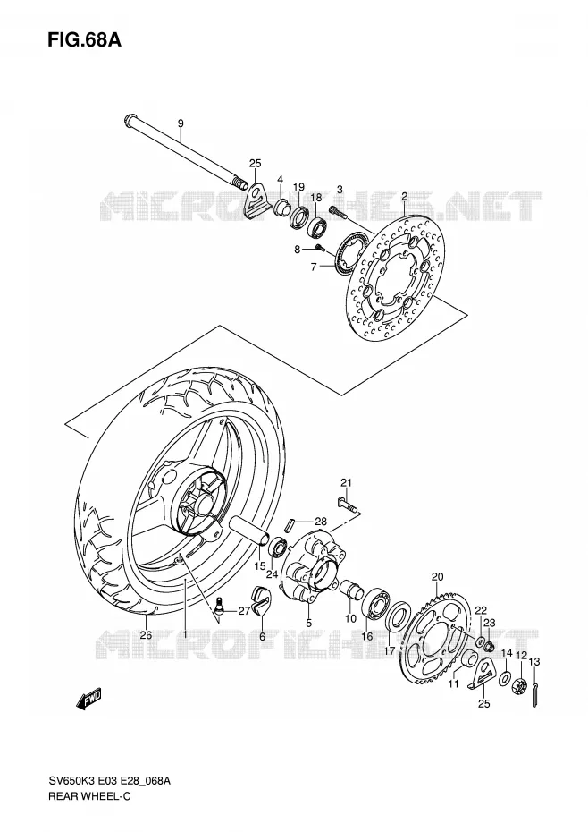 ROUE ARRIERE (SV650AK7/SAK7) Suzuki MOTO 650 SV 2007  SV650AK7/SAK7(E3/E28)