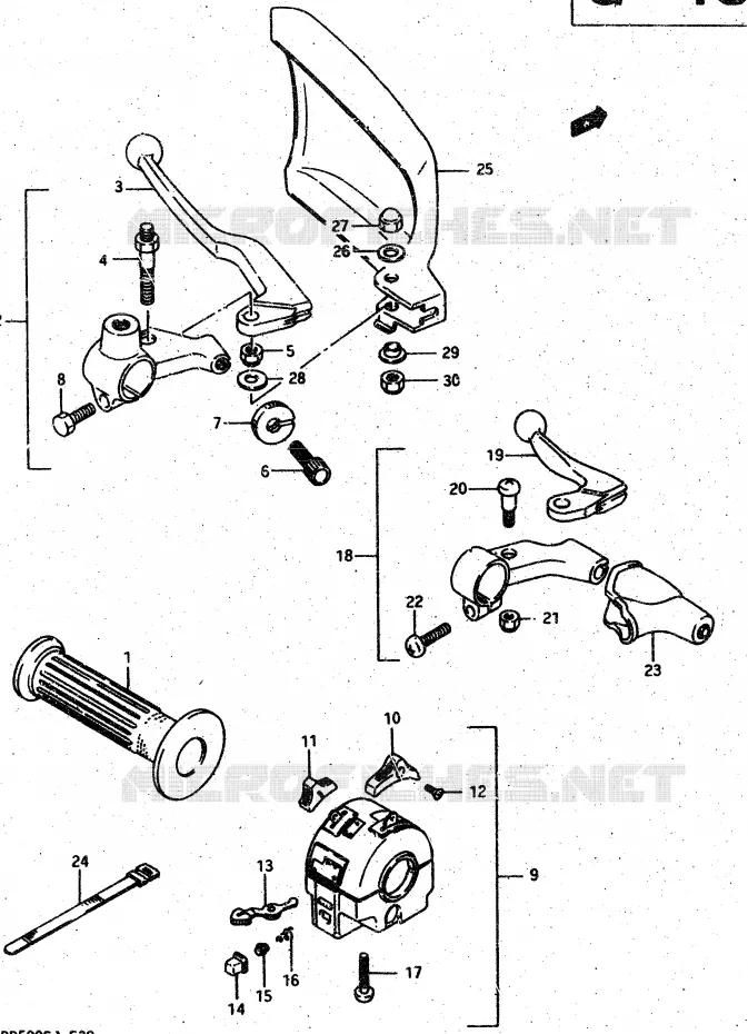 ENSEMBLE POIGNEE GAUCHE (DR500RH) Suzuki MOTO 500 DR 1986  DR500SG(G/H/J)