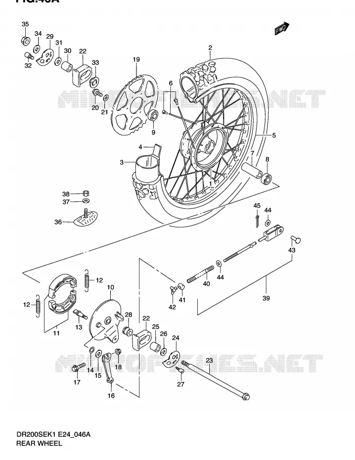 ROUE ARRIERE (MODELE K2/K3/K4/K5 E6,E24) Suzuki MOTO 200 DR 2004  DR200SEK4(E24)