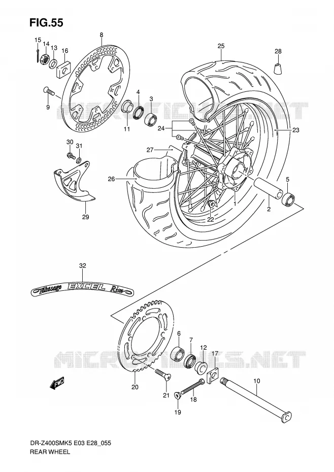 ROUE ARRIERE (MODEL K5/K6) Suzuki MOTO 400 DR-Z 2005  DR-Z400SMK5(E3/E28)