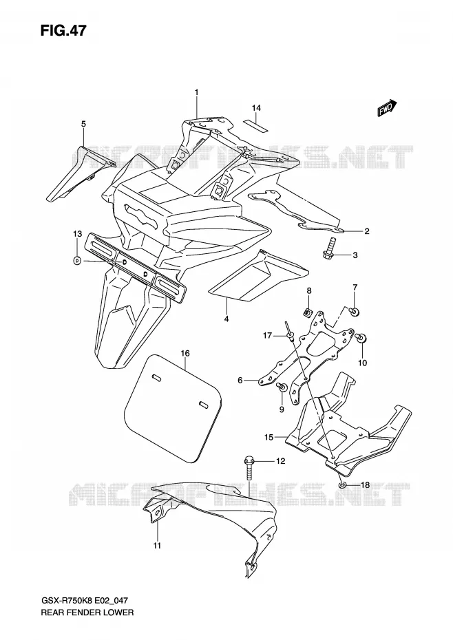 GARDE BOUE ARRIERE INFERIEUR Suzuki MOTO 750 GSX-R 2009  GSX-R750UFK9(E2)