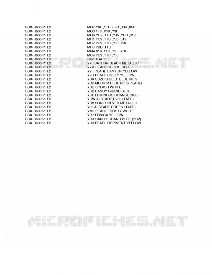 * CHARTE COULEUR * Suzuki MOTO 600 GSX-R 2003  GSX-R600ZK3(E2)