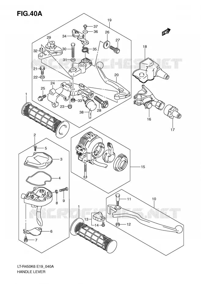 LEVIERS - POIGNEES (MODEL K9/L0) Suzuki QUAD 450 QUADRACER 2008  LT-R450K8(E19)