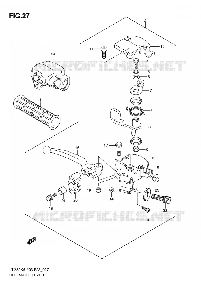 ENSEMBLE LEVIER - POIGNEE DROITE Suzuki QUAD 50 QUADSPORT 2010  LT-Z50L0(P3/P28)