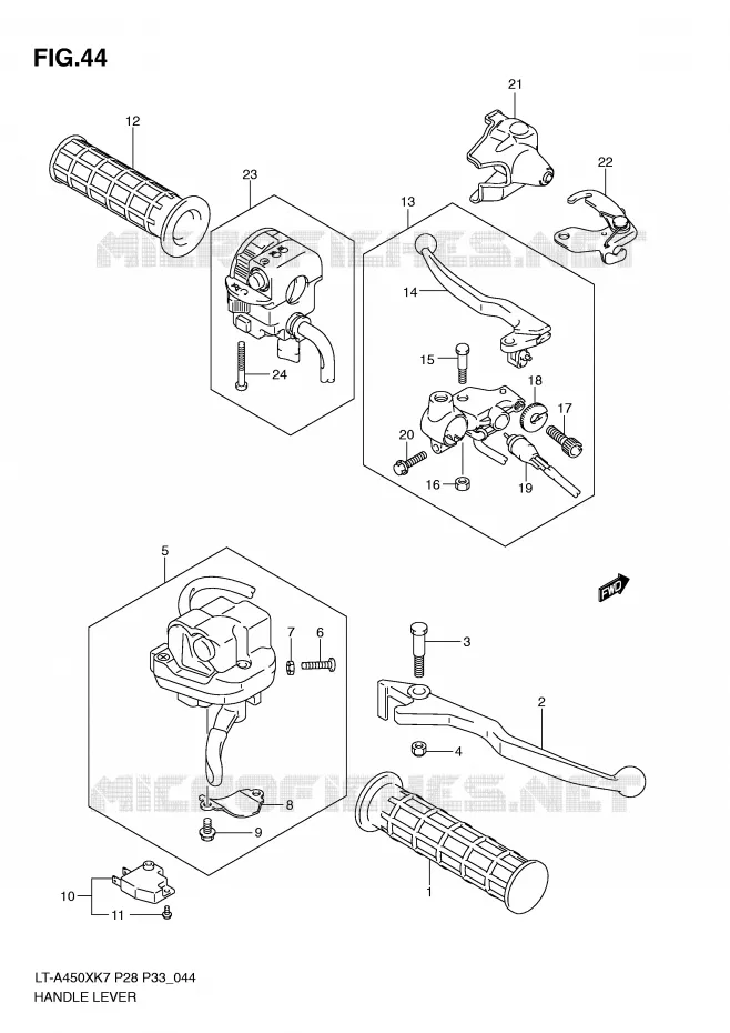 ENSEMBLE LEVIERS - POIGNEES Suzuki QUAD 450 KINGQUAD 2008  LT-A450XZK8(P28/P33)