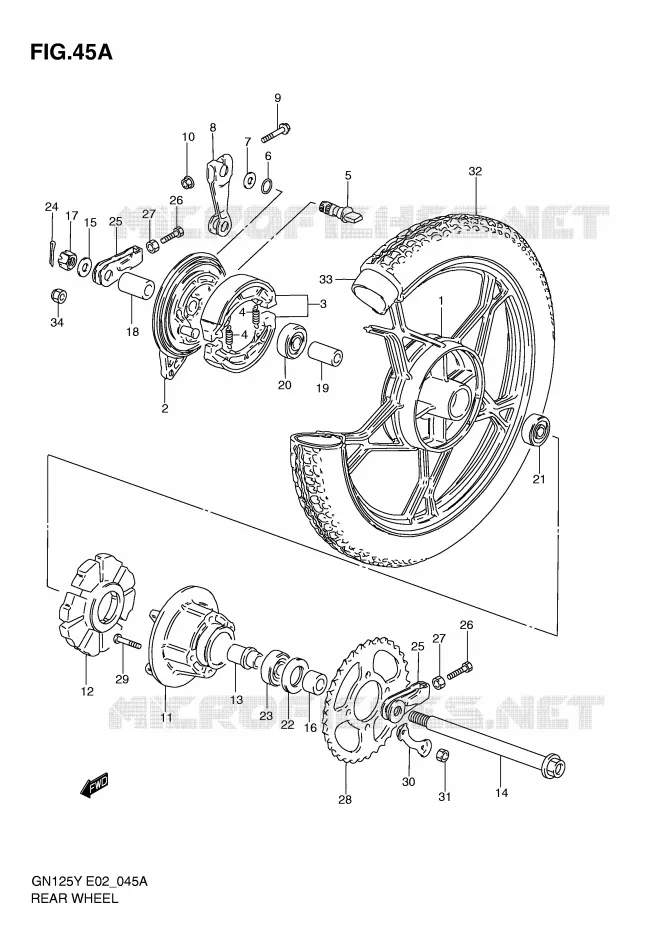 ROUE ARRIERE (GN125EV/EW/EX/EY/EK1) Suzuki MOTO 125 GN 1999  GN125X(E4)