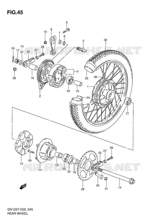 ROUE ARRIERE (GN125V/W/X/Y/K1) Suzuki MOTO 125 GN 2000  GN125Y(E4)