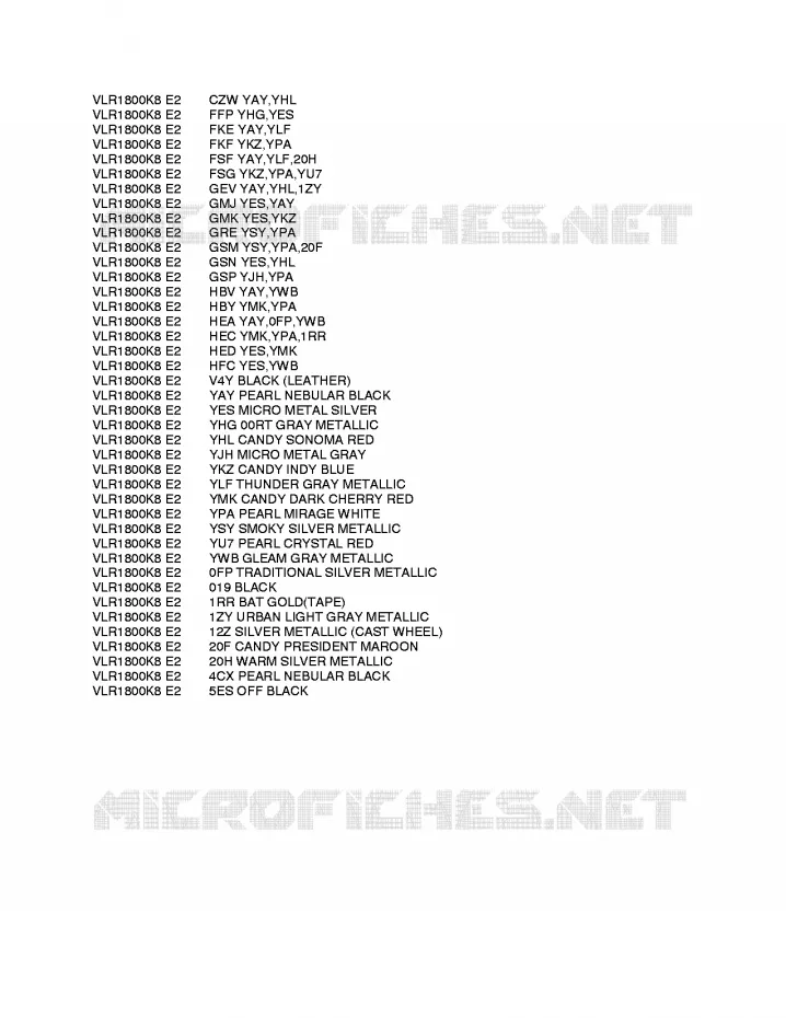 * CHARTE COULEUR * Suzuki MOTO 1800 INTRUDER 2010  VLR1800TL0(E2)