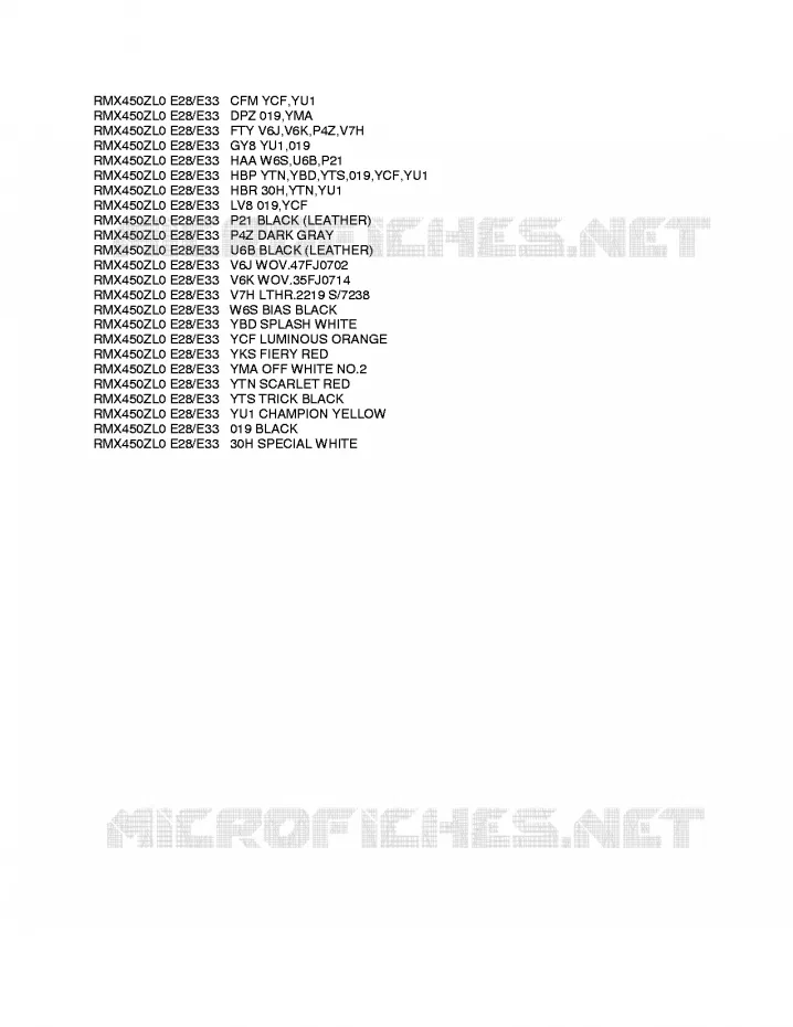 * CHARTE COULEUR * Suzuki MOTO 450 RMX-Z 2010  RMX450ZL0(E28/E33)