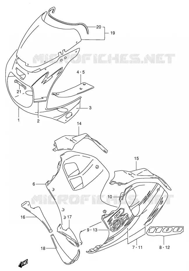 CARENAGES - ETIQUETTES (MODELE P 17U,A6G) Suzuki MOTO 1100 GSX-R 1997  GSX-R1100WV(E2)