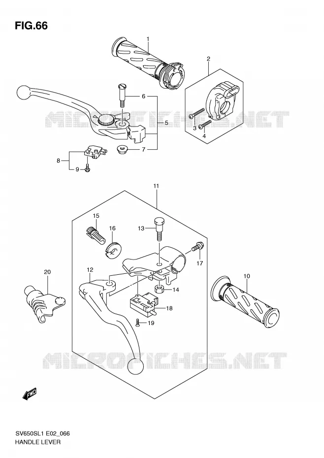 LEVIERS - POIGNEES (SV650SL1 E2) Suzuki MOTO 650 SV 2011  SV650SL1(E2)