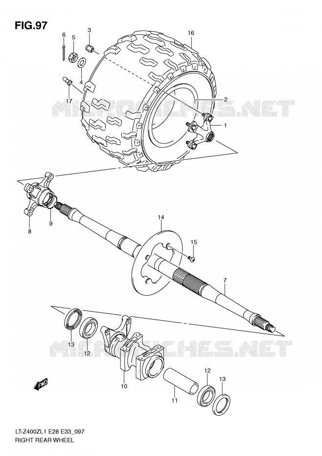 ROUE ARRIERE DROITE (LT-Z400L1 E28) Suzuki QUAD 400 QUADSPORT 2011  LT-Z400ZL1(E28/E33)