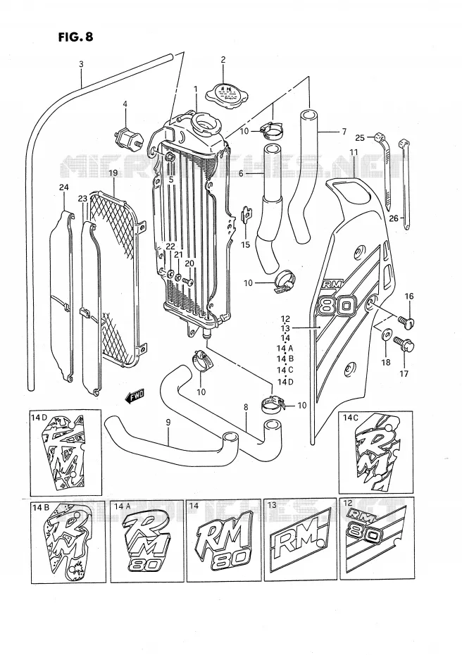 RADIATEUR (MODELE G/H/K/L/M/N/P) Suzuki MOTO 80 RM 1987  RM80H(E24)