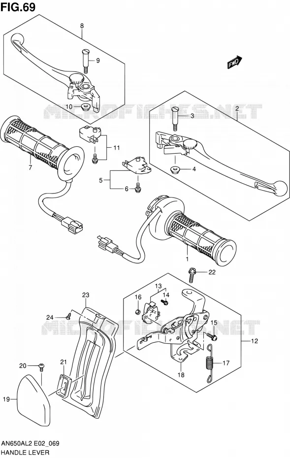 ENSEMBLE LEVIERS - POIGNEES (AN650AL2 E02) Suzuki SCOOTER 650 BURGMAN 2012  AN650AL2(E02)