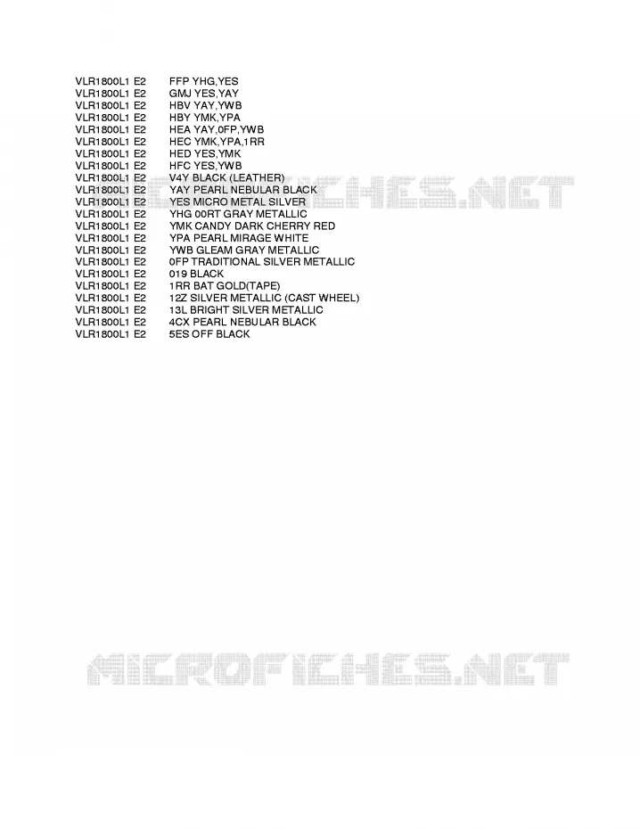 * CHARTE COULEUR * Suzuki MOTO 1800 INTRUDER 2011  VLR1800TL1(E2)