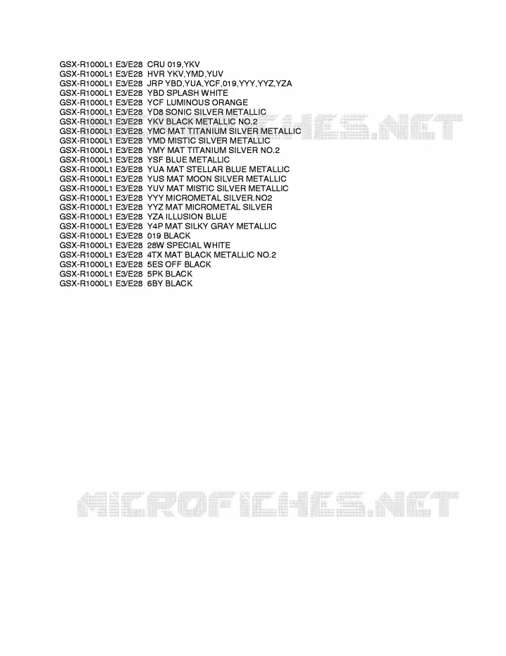 * CHARTE COULEUR * Suzuki MOTO 1000 GSX-R 2011  GSX-R1000L1(E3/E28)