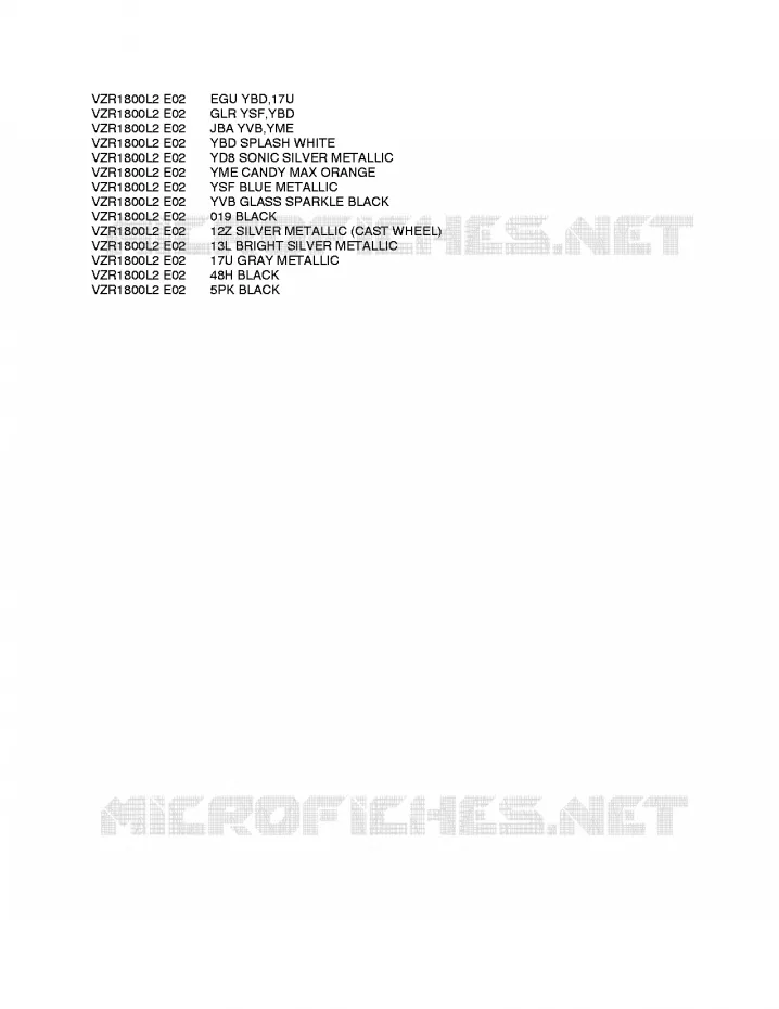 * CHARTE COULEUR * Suzuki MOTO 1800 INTRUDER 2012  VZR1800UFL2(E02)