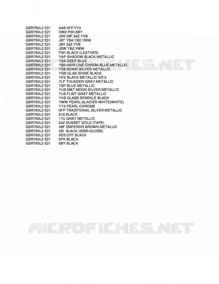 * CHARTE COULEUR * Suzuki MOTO 750 GSR 2012  GSR750AUEL2(E21)