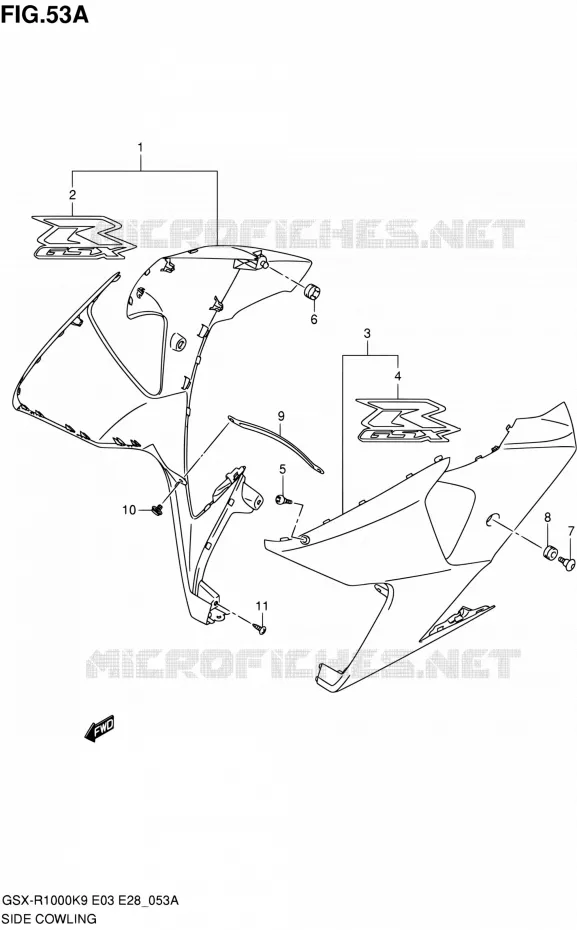 FLANCS DE CARENAGES (MODEL K9:GLR) Suzuki MOTO 1000 GSX-R 2009  GSX-R1000 K9 (E03,E28,E33)
